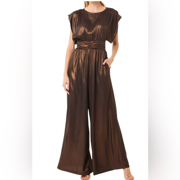 MISA Los Angeles Sophia Metallic Bronze Wide Leg Jumpsuit Medium NWT
